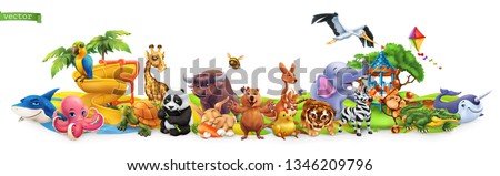 Funny animals. 3d vector panorama. Quokka, shark, turtle, parrot, giraffe, rabbit, zebra, elephant, stork, crocodile, kangaroo, panda. High quality 50mb eps