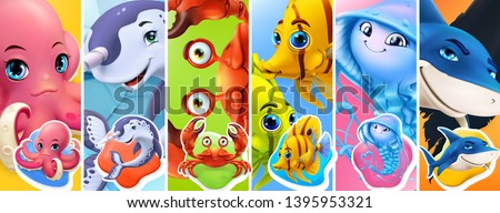 Fish and sea animals. Shark, octopus, jellyfish, crab, narwhal. Cartoon character 3d vector icon set