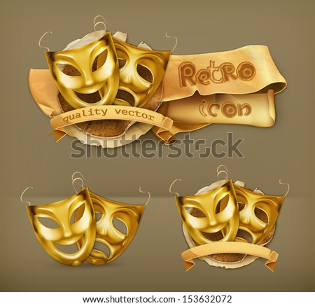 Gold theater masks, vector icon