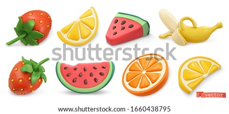Summer fruits icon set with shadows. Strawberries, watermelon, lemon, orange, banana 3d vector objects. Plasticine art illustration