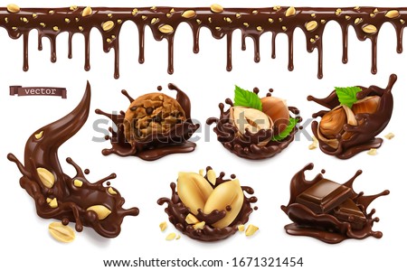 Chocolate splashes with peanuts, hazel nuts, chocolate cookies. 3d vector realistic food objects set