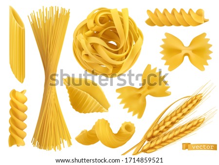 Pasta 3d realistic vector objects set. Penne, fusilli, farfalle, tagliatelle, fettuccine, spaghetti, cavatappi, conchiglie shells and wheat. Food illustration