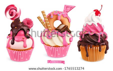 Cupcakes with raspberries, donut, chocolate. 3d realistic vector sweet desserts. Food icons