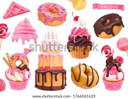 Sweets 3d vector realistic objects. Cupcakes, cake, donuts, candy. Food icons