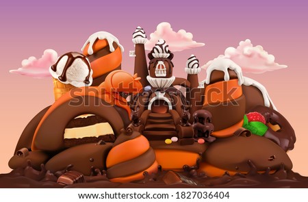Sweet factory. Chocolate castle 3d vector cartoon illustration. Plasticine art