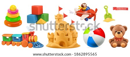 Kids toys. Train, plane, castle, ball, cubes, bear. 3d vector icon set Сток-фото © 