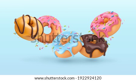 Falling glazed donuts with sprinkles. 3d realistic vector background