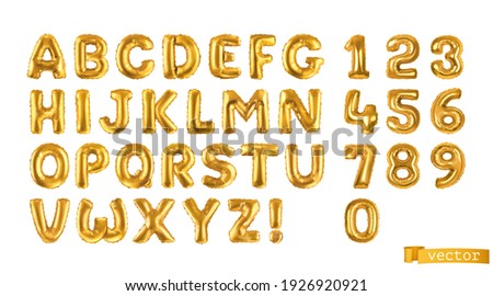 Gold balloons, alphabet letters and numbers. 3d vector realistic symbols. Festive decorations set Foto stock © 