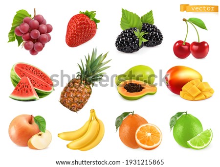 Sweet fruits. Grapes, strawberry, blackberry, cherry, watermelon, pineapple, papaya, mango, apple, banana, orange, lime. 3d realistic vector objects