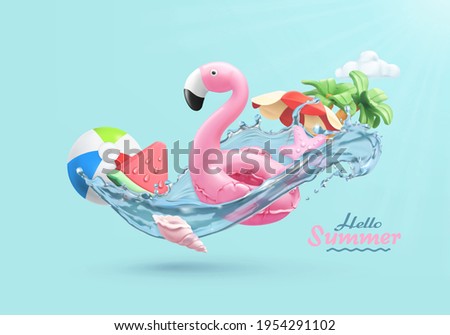 Summer festive background. 3d vector realistic illustration. Flamingo inflatable toy, watermelon, palm trees, shell, water splash Photo stock © 