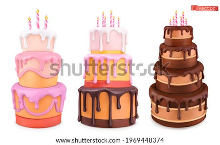 Birthday cake with candles. Happy birthday cartoon. 3d realistic vector set of objects