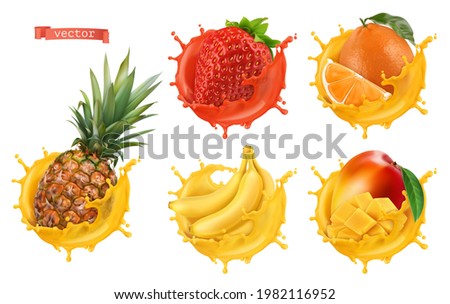Pineapple, strawberry, orange, banana, mango juice. Fresh fruits and splashes, 3d realistic vector icon set