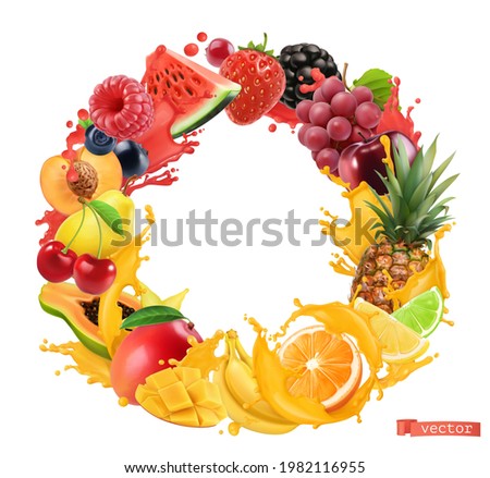 Fruit and berries circle frame. Splash of juice. 3d vector realistic objects. Watermelon, banana, pineapple, strawberry, orange, mango, grapes
