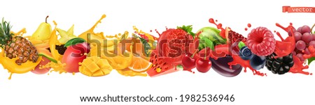 Fruit and berries burst. Splash of juice. Sweet tropical fruits and mixed berries. Watermelon, banana, pineapple, strawberry, orange, mango. 3d realistic objects