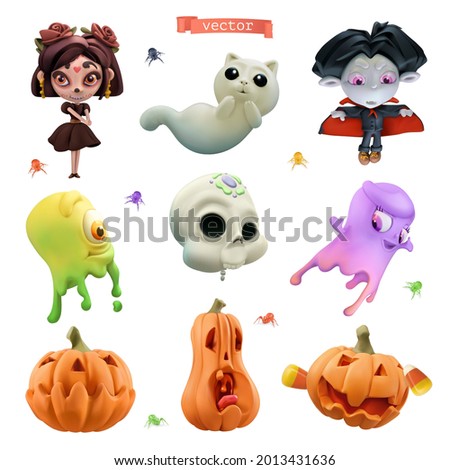 Happy Halloween. 3d vector cartoon icon set. Little witch, funny vampire, friendly slime ghosts, skull, cat spirit, pumpkins, small spiders