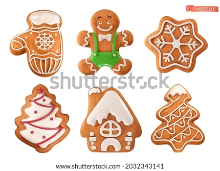 Christmas gingerbread cookies. Mitten, man, snowflake, tree, house. 3d realistic vector icon set