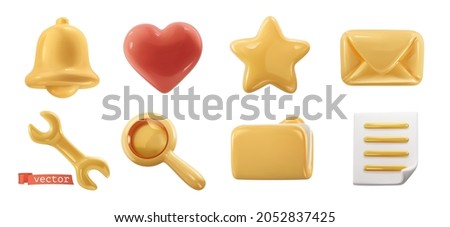 3d realistic vector icon set. Bell, heart, star, mail, magnifier, wrench, folder, document symbols