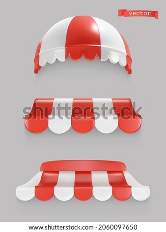 Red and white striped awning. Shop canopy. 3d realistic vector icon set