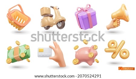 Online shop 3d render realistic vector icon set. Basket, delivery, gift, promotion, payment, card, bonus, discounts Foto d'archivio © 
