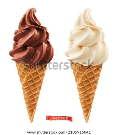 Soft serve ice cream in wafer style cone. Chocolate and vanilla 3d realistic vector icons