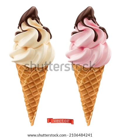 Soft serve ice cream in wafer style cone. Chocolate and cream 3d realistic vector icons