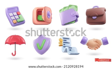 3d business icon set. Calculator, safe, wallet with money, briefcase, umbrella, shield, cash receipt, handshake. Render vector objects