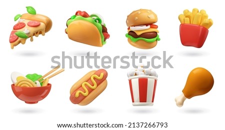 Fast food 3d realistic render vector icon set. Pizza, taco, hamburger, fries potatoes, ramen noodle soup, hot dog, popcorn, chicken leg Imagine de stoc © 
