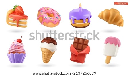 Sweet food 3d realistic render vector icon set. Cake, donut, croissant, cupcake, ice cream, chocolate