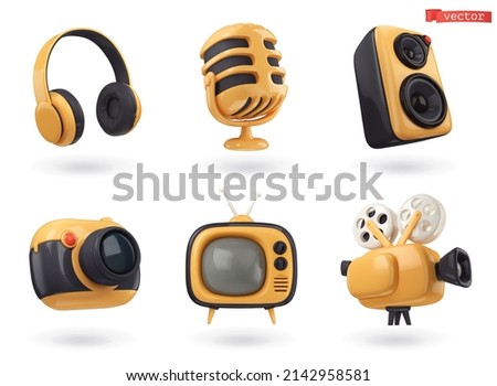 3d icon set audio and video. Headphones, microphone, speaker, camera, retro TV, film projector. Realistic render vector objects