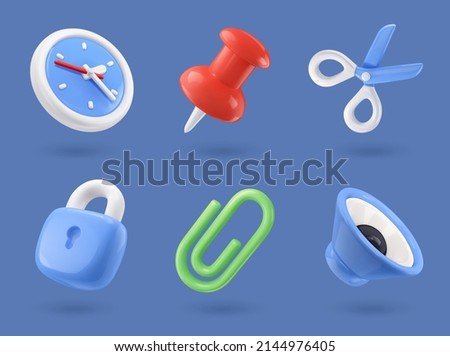 3d render vector icon set. Universal icons. Clock, pin, scissors, lock, paper clip, speaker