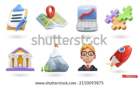 Business, icon set. Clipboard, map, laptop, puzzle, bank, mountain, businessman, rocket. 3d render vector