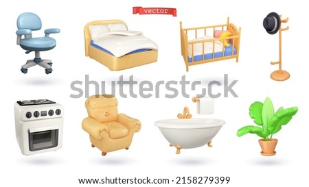 Furniture 3d vector icon set. Bedroom, children's room, hallway, kitchen, hall, bathroom, garden, office