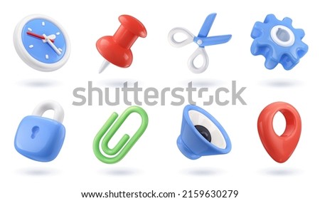 Universal icons. Clock, pin, scissors, gear, lock, paper clip, speaker, map. 3d render vector icon set Foto stock © 