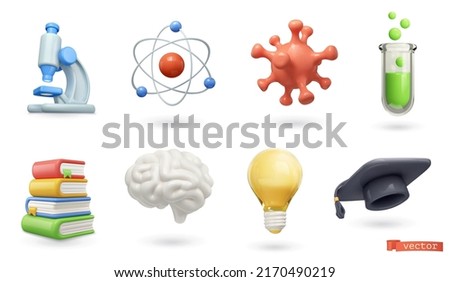 School, science and education icons. Microscope, atom, virus, test tube, books, brain, light bulb, graduation cap 3d render vector set Stock foto © 