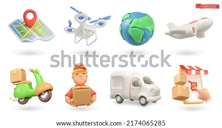 Delivery icons 3d render vector set. Map, drone, earth, aircraft, motorcycle, delivery man, truck, online store
