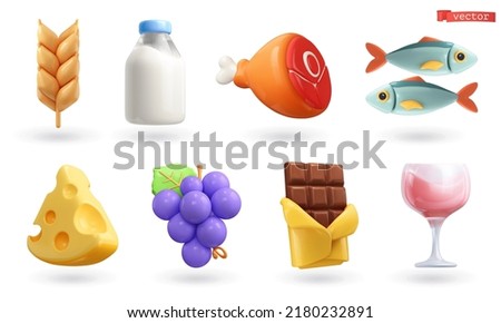 Food cartoon 3d vector icon set. Ear of wheat, milk, meat, fish, cheese, grapes, chocolate, glass of wine