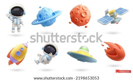 Space 3d vector icon set. Astronaut, planet, satellite, rocket, ufo, comet cartoon objects Foto stock © 