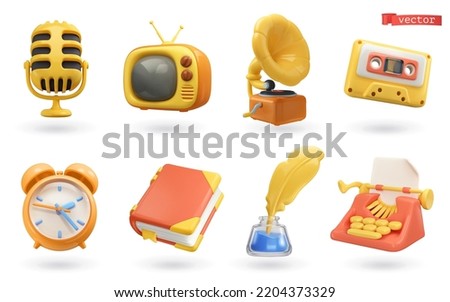 Retro objects 3d vector icon set. Microphone, TV, gramophone, audio cassette, alarm clock, book, ink pen, typewriter