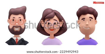 Cartoon character face. 3d vector icon set