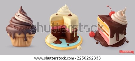 Chocolate cupcake, cake, slice of cake. 3d vector icon