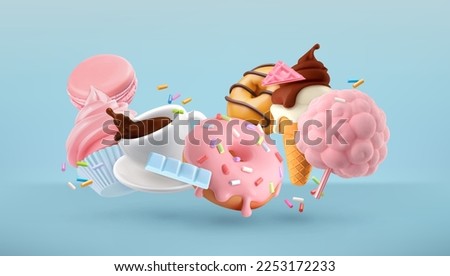 Sweets 3d cartoon vector background. Donuts, cup of coffee, cotton candy, cupcake, ice cream