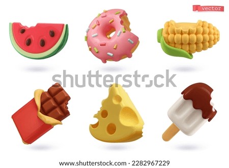 Tasty bites food, watermelon, donut, corn, chocolate, cheese, ice cream. 3d vector icon set