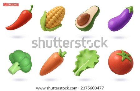 Vegetables and fruits 3d vector cartoon icon set. Pepper, corn, avocado, eggplant, broccoli, carrots, lettuce, tomato