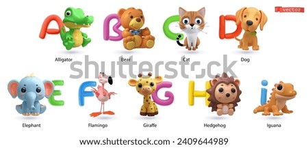 Zoo alphabet part 1. Alligator, bear, cat, dog, elephant, flamingo, giraffe, hedgehog, iguana. Animals 3D vector render objects set