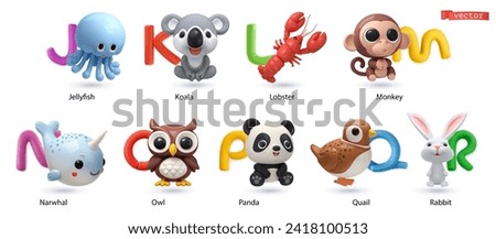 Zoo alphabet part 2. Jellyfish, koala, lobster, monkey, narwhal, owl, panda, quail, rabbit. 3d render vector cartoon icon set