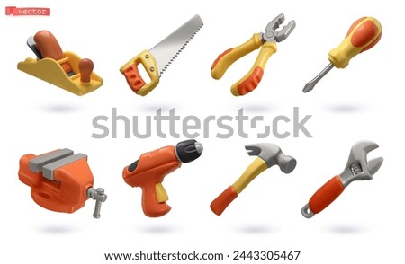 Set of tools. Planer, saw, pliers, screwdriver, vise, drill, hammer, adjustable wrench. 3d vector cartoon icons
