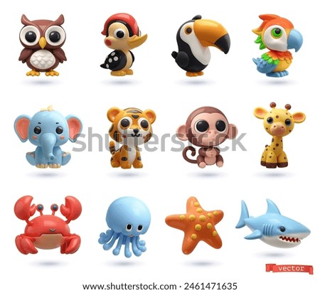 Animals, birds and fish. 3d render cartoon icon set. Owl, woodpecker, toucan, parrot, elephant, tiger, monkey, giraffe, crab, jellyfish, starfish, shark