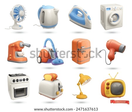 Home appliances, objects. 3d cartoon vector icon set