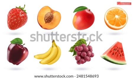 Fruits and berries, high quality realistic vector set. Strawberry, peach, mango, orange, apple, banana, grapes, watermelon