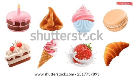 Sweet food. 3d vector realistic icon set 2. Cake, caramel, cupcake, macaron, ice cream, strawberries and cream, croissant